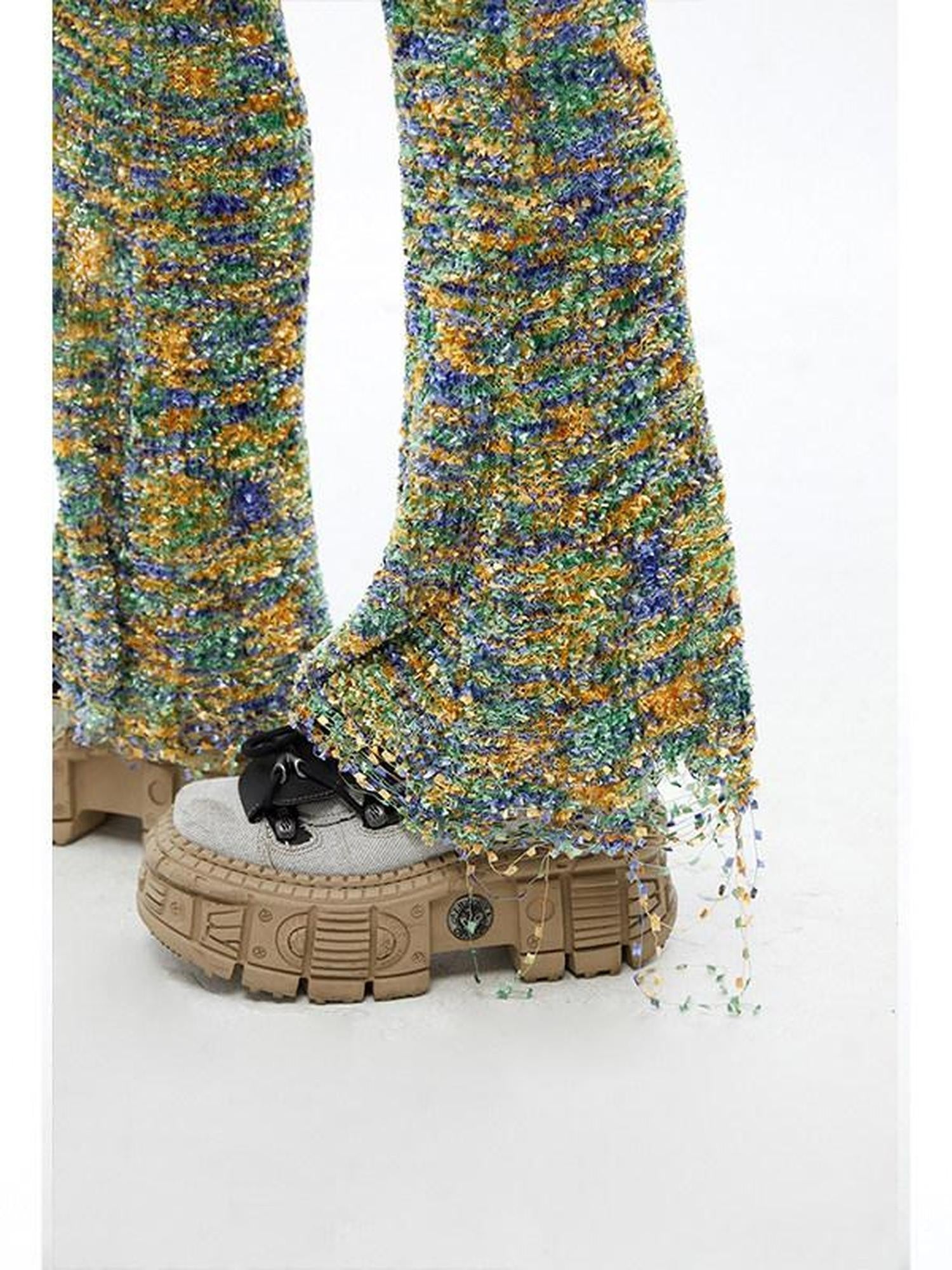 QUORRA S CHORD Multicolor Jacquard Knit Frayed Distressed Elastic Waist Women&