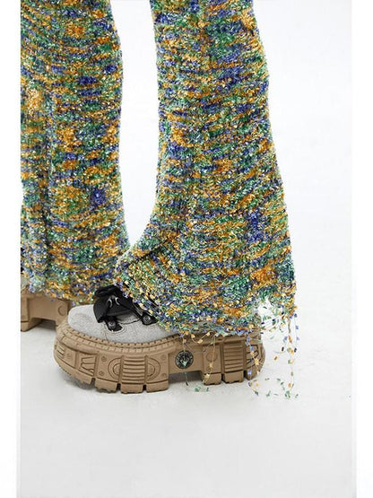 QUORRA S CHORD Multicolor Jacquard Knit Frayed Distressed Elastic Waist Women&