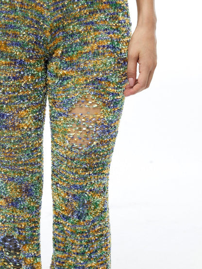 QUORRA S CHORD Multicolor Jacquard Knit Frayed Distressed Elastic Waist Women&