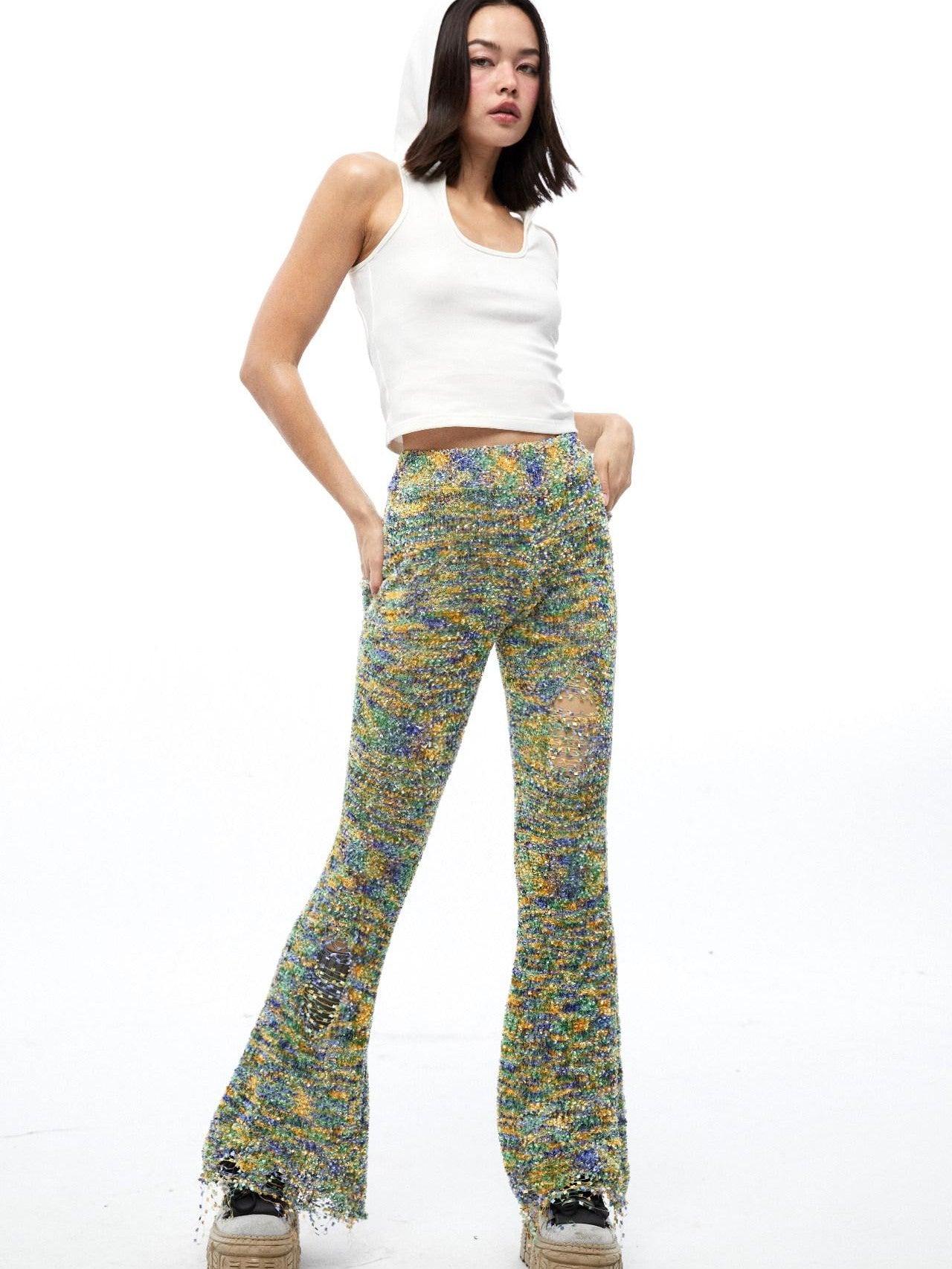 QUORRA S CHORD Multicolor Jacquard Knit Frayed Distressed Elastic Waist Women&