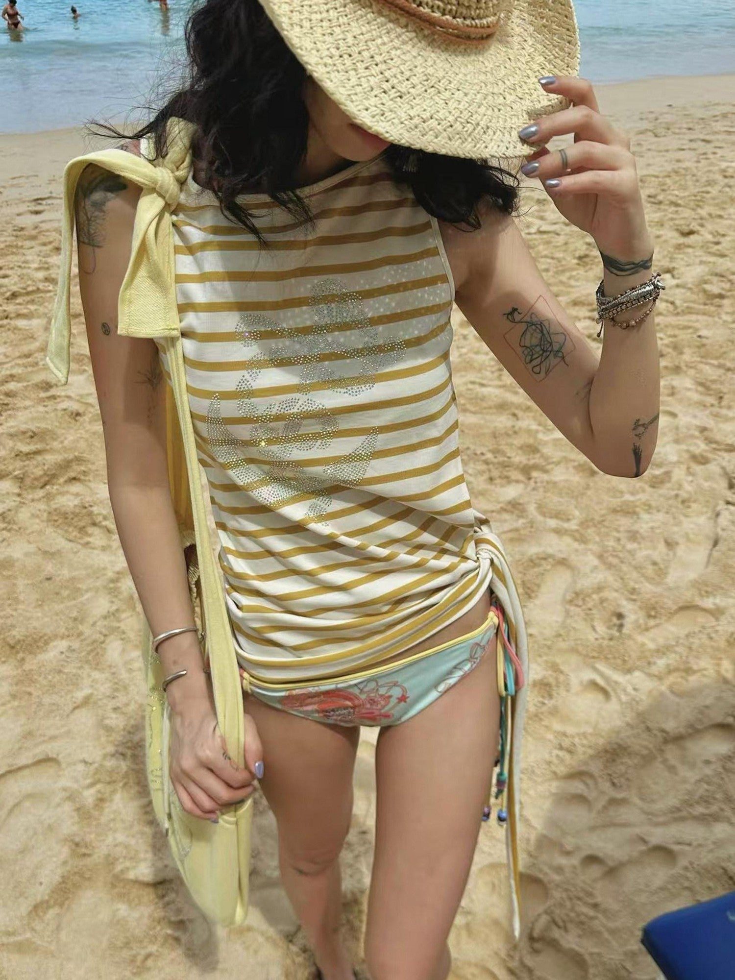 QUORRA S CHORD Nautical Striped Anchor Hibiscus Split Tie Women&