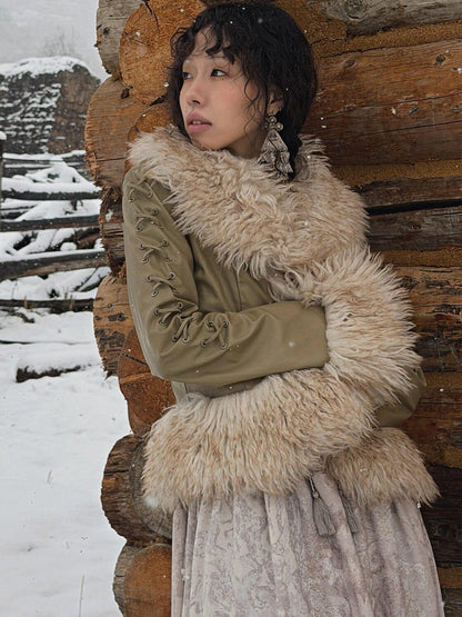 QUORRA S CHORD Olive Brown Fur Collar Cinched Waist Bell Sleeve Women&