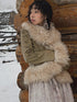 QUORRA S CHORD Olive Brown Fur Collar Cinched Waist Bell Sleeve Women&