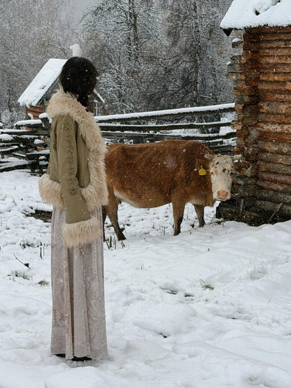 QUORRA S CHORD Olive Brown Fur Collar Cinched Waist Bell Sleeve Women&