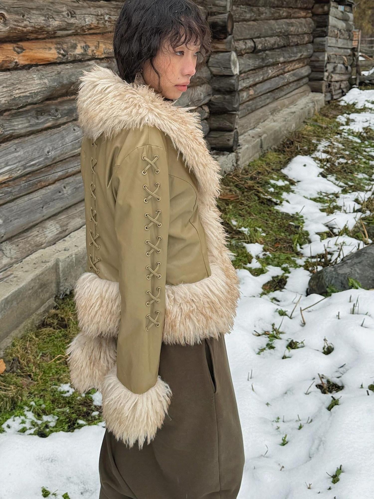 QUORRA S CHORD Olive Brown Fur Collar Cinched Waist Bell Sleeve Women&