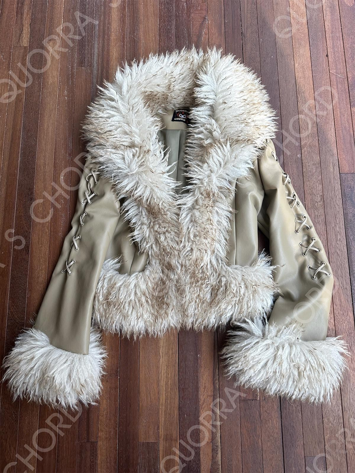 QUORRA S CHORD Olive Brown Fur Collar Cinched Waist Bell Sleeve Women&
