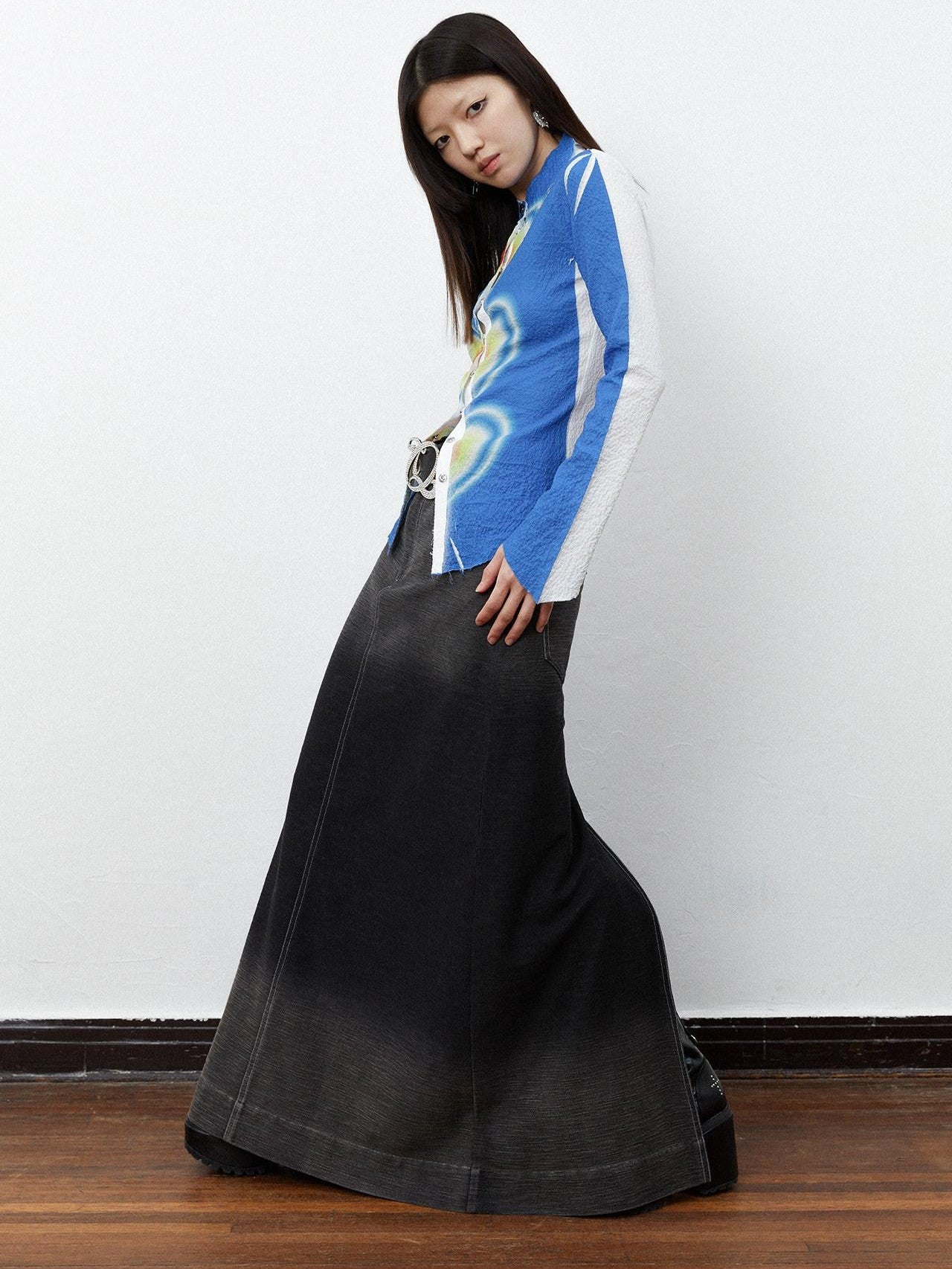 QUORRA S CHORD Ombre Heart Print Ruched Bell Sleeve Slim Women&