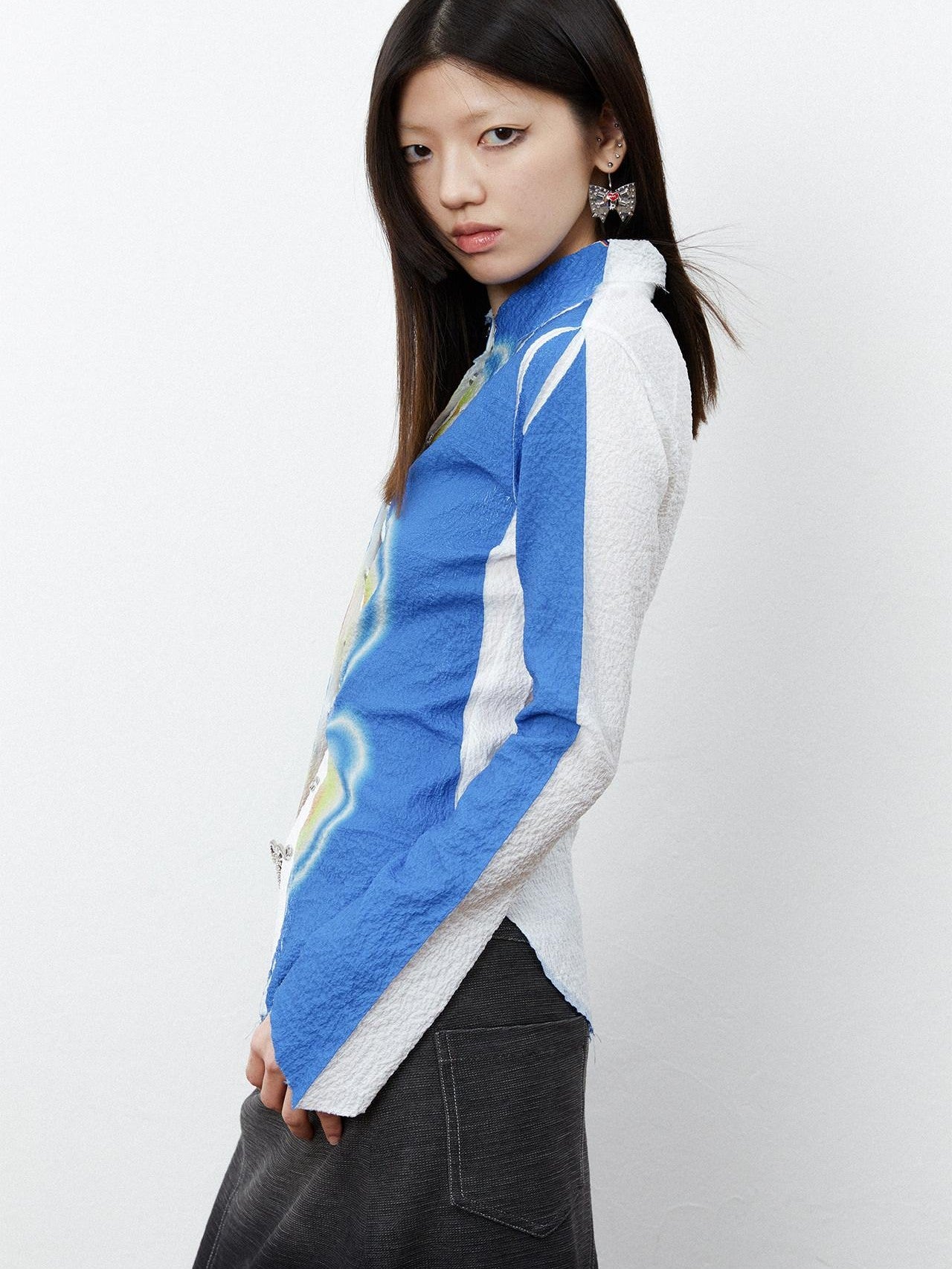 QUORRA S CHORD Ombre Heart Print Ruched Bell Sleeve Slim Women&