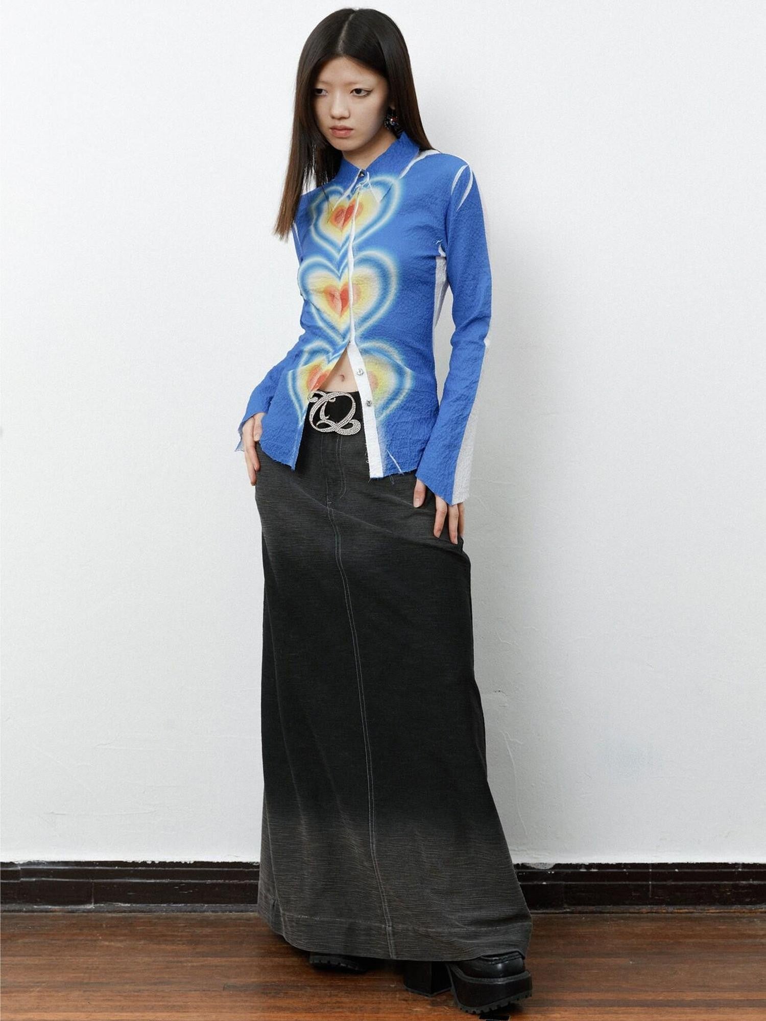 QUORRA S CHORD Ombre Heart Print Ruched Bell Sleeve Slim Women&