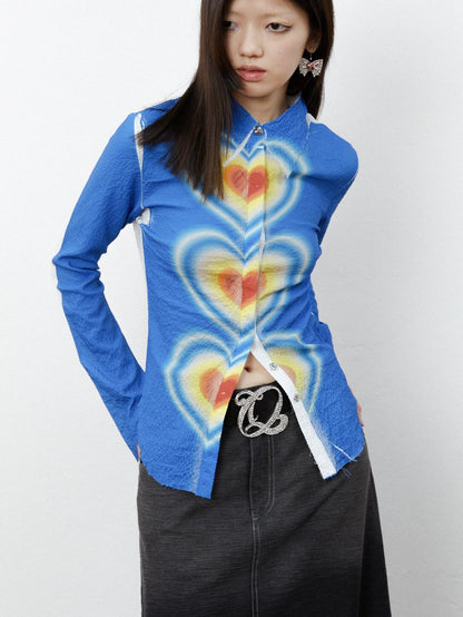 QUORRA S CHORD Ombre Heart Print Ruched Bell Sleeve Slim Women&
