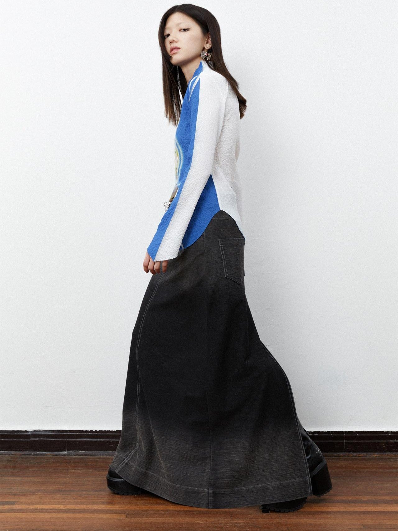 QUORRA S CHORD Ombre Heart Print Ruched Bell Sleeve Slim Women&