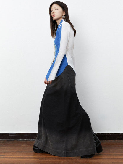 QUORRA S CHORD Ombre Heart Print Ruched Bell Sleeve Slim Women&