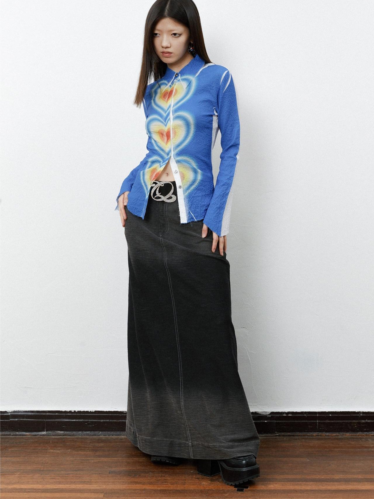 QUORRA S CHORD Ombre Heart Print Ruched Bell Sleeve Slim Women&