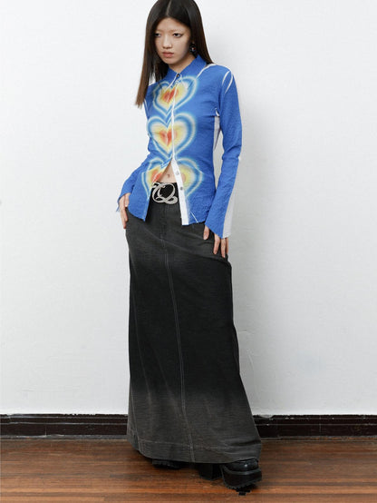 QUORRA S CHORD Ombre Heart Print Ruched Bell Sleeve Slim Women&