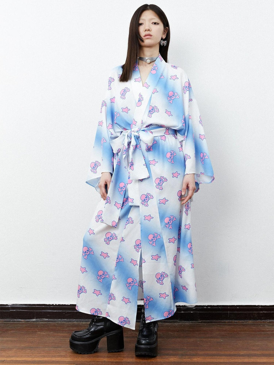 QUORRA S CHORD Pink Blue Skull Star Print Kimono Bow Belt Women&