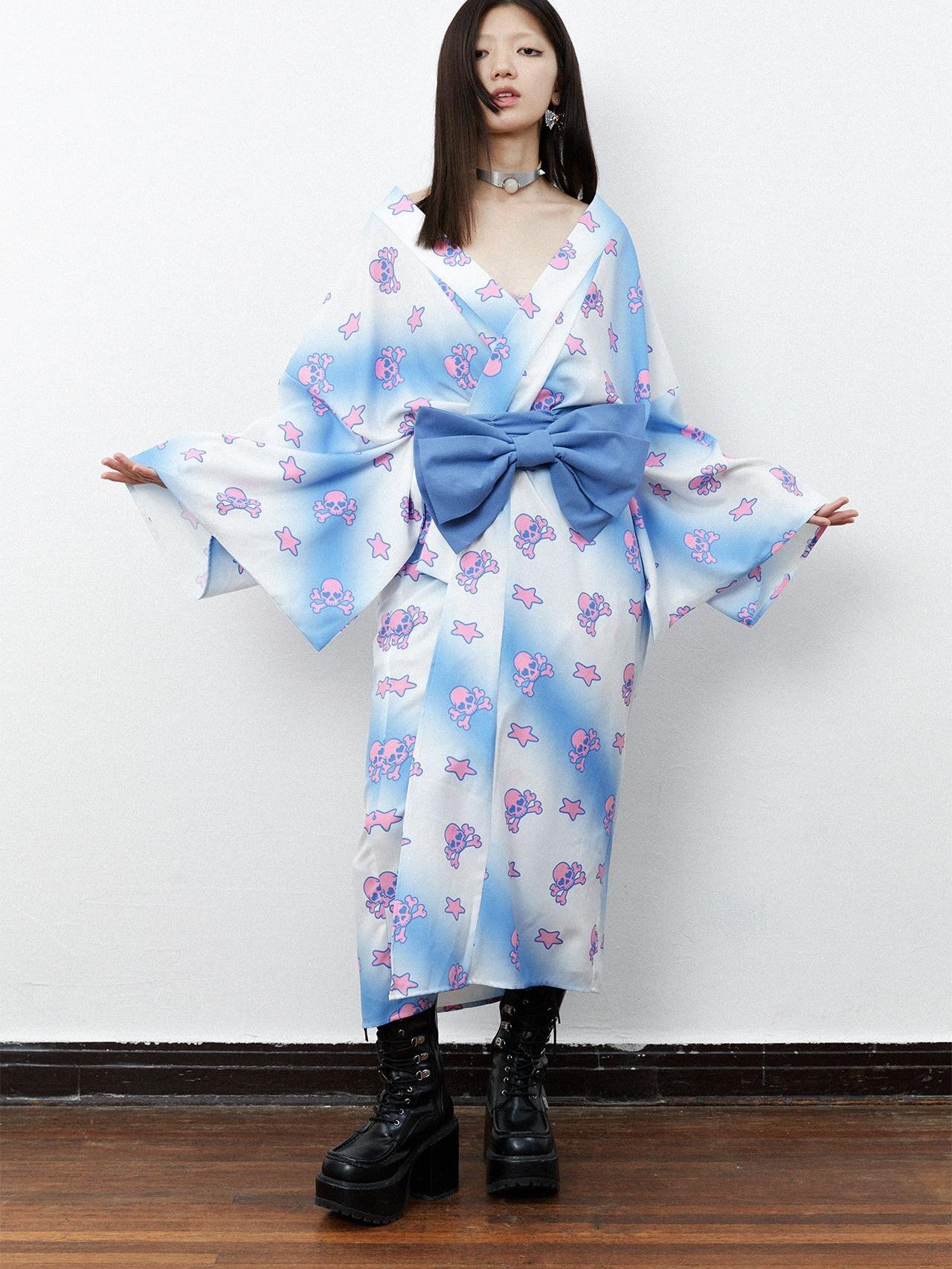 QUORRA S CHORD Pink Blue Skull Star Print Kimono Bow Belt Women&