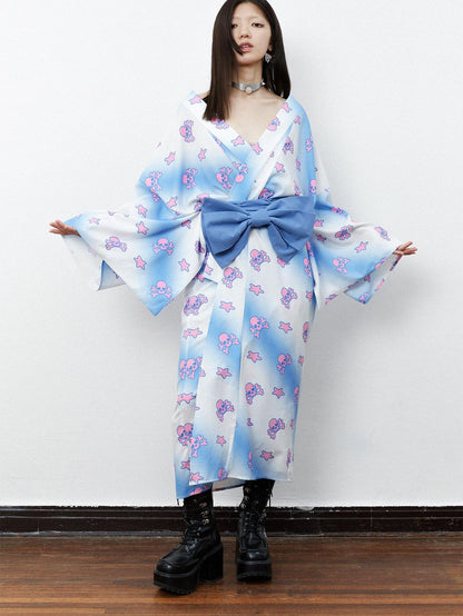 QUORRA S CHORD Pink Blue Skull Star Print Kimono Bow Belt Women&