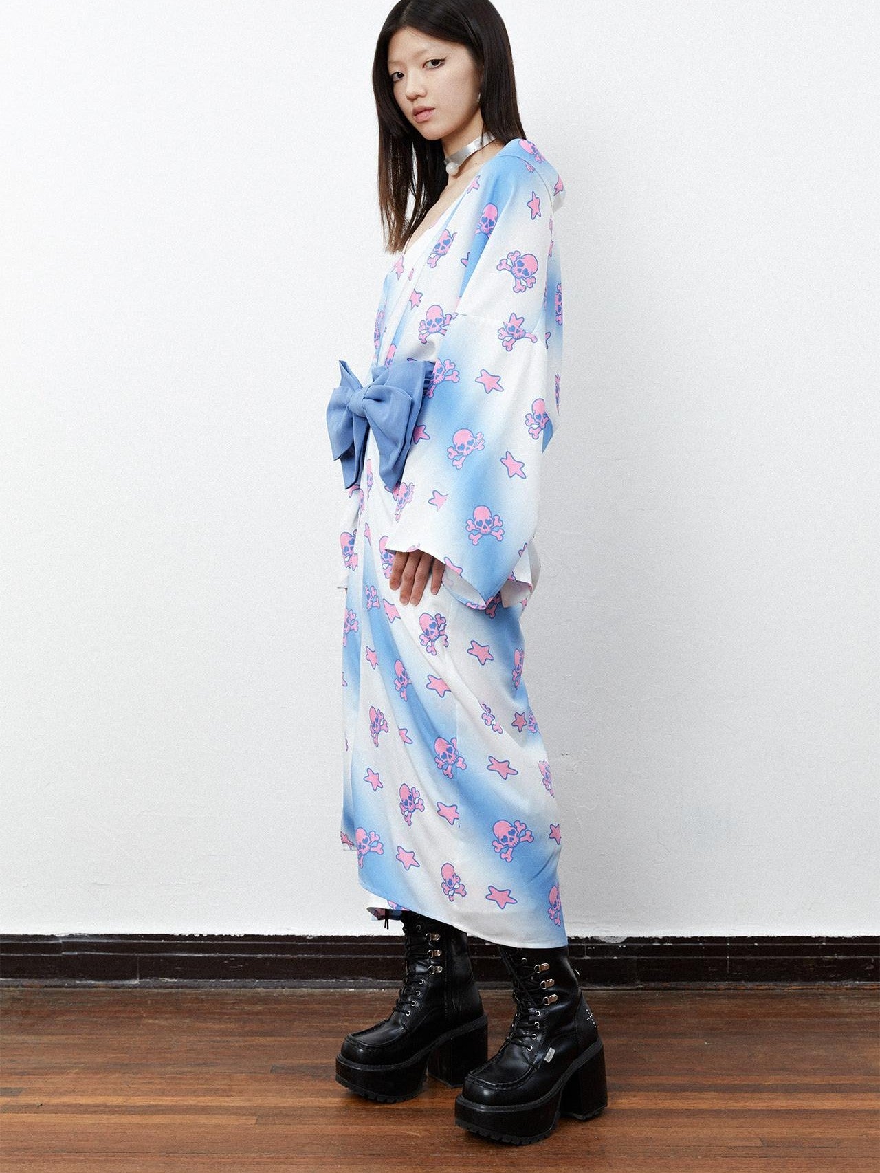 QUORRA S CHORD Pink Blue Skull Star Print Kimono Bow Belt Women&