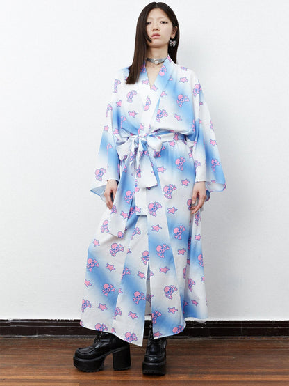 QUORRA S CHORD Pink Blue Skull Star Print Kimono Bow Belt Women&