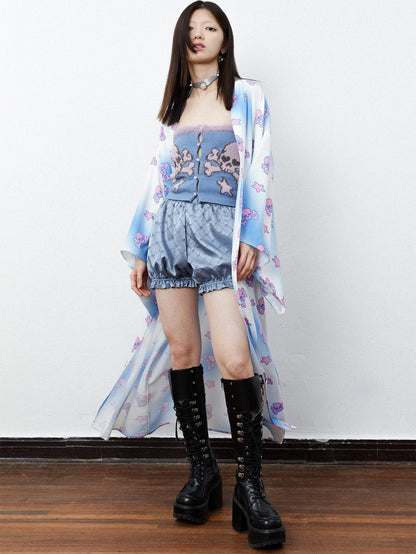 QUORRA S CHORD Pink Blue Skull Star Print Kimono Bow Belt Women&