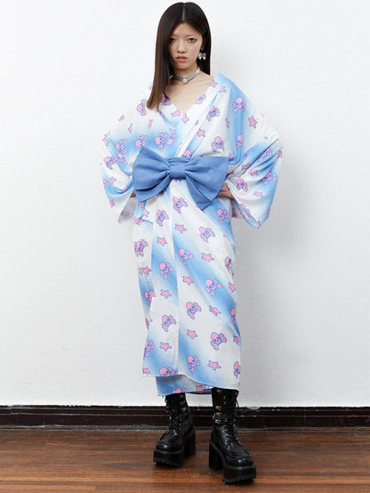 QUORRA S CHORD Pink Blue Skull Star Print Kimono Bow Belt Women&
