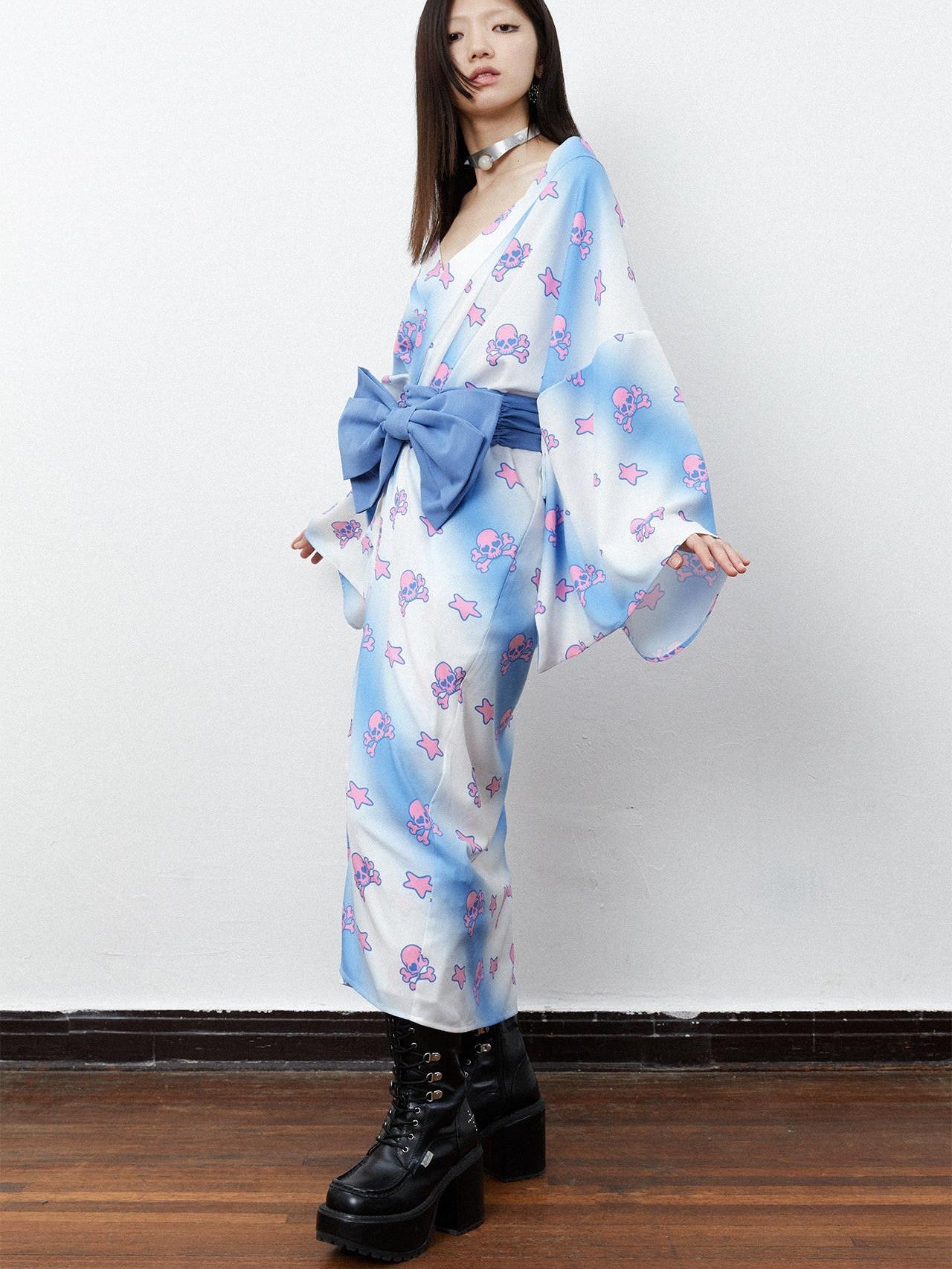 QUORRA S CHORD Pink Blue Skull Star Print Kimono Bow Belt Women&