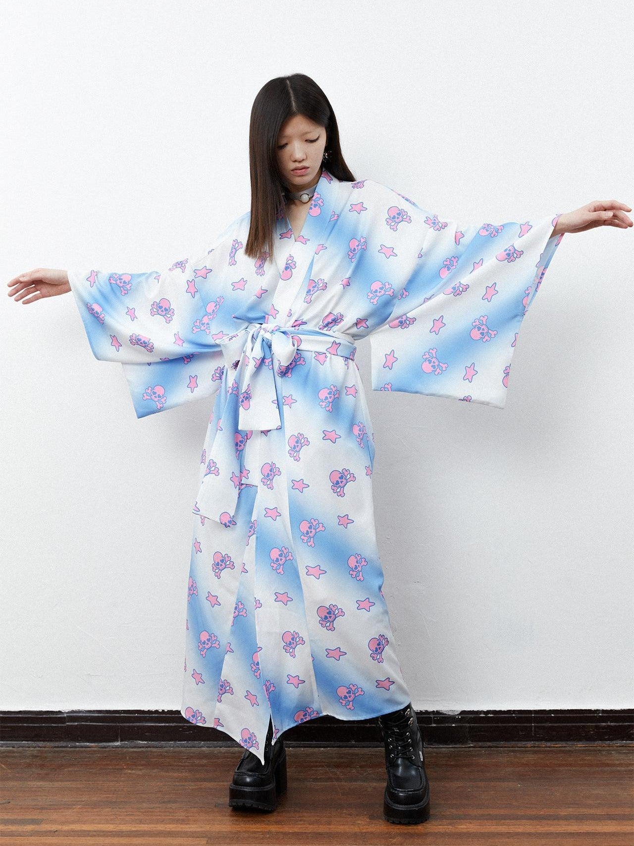 QUORRA S CHORD Pink Blue Skull Star Print Kimono Bow Belt Women&