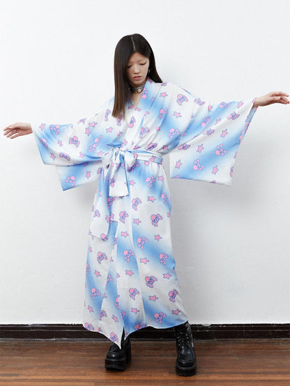 QUORRA S CHORD Pink Blue Skull Star Print Kimono Bow Belt Women&