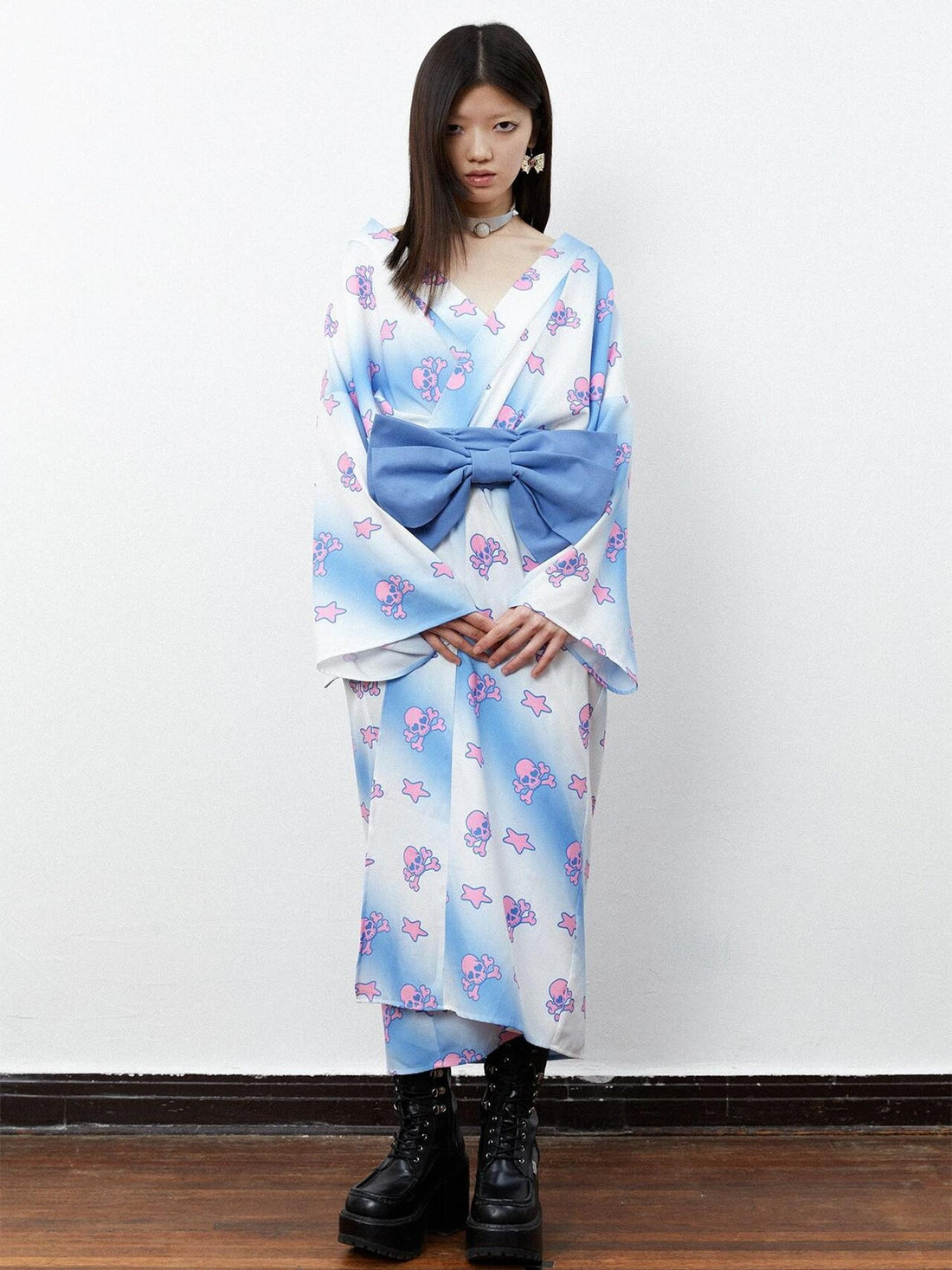 QUORRA S CHORD Pink Blue Skull Star Print Kimono Bow Belt Women&
