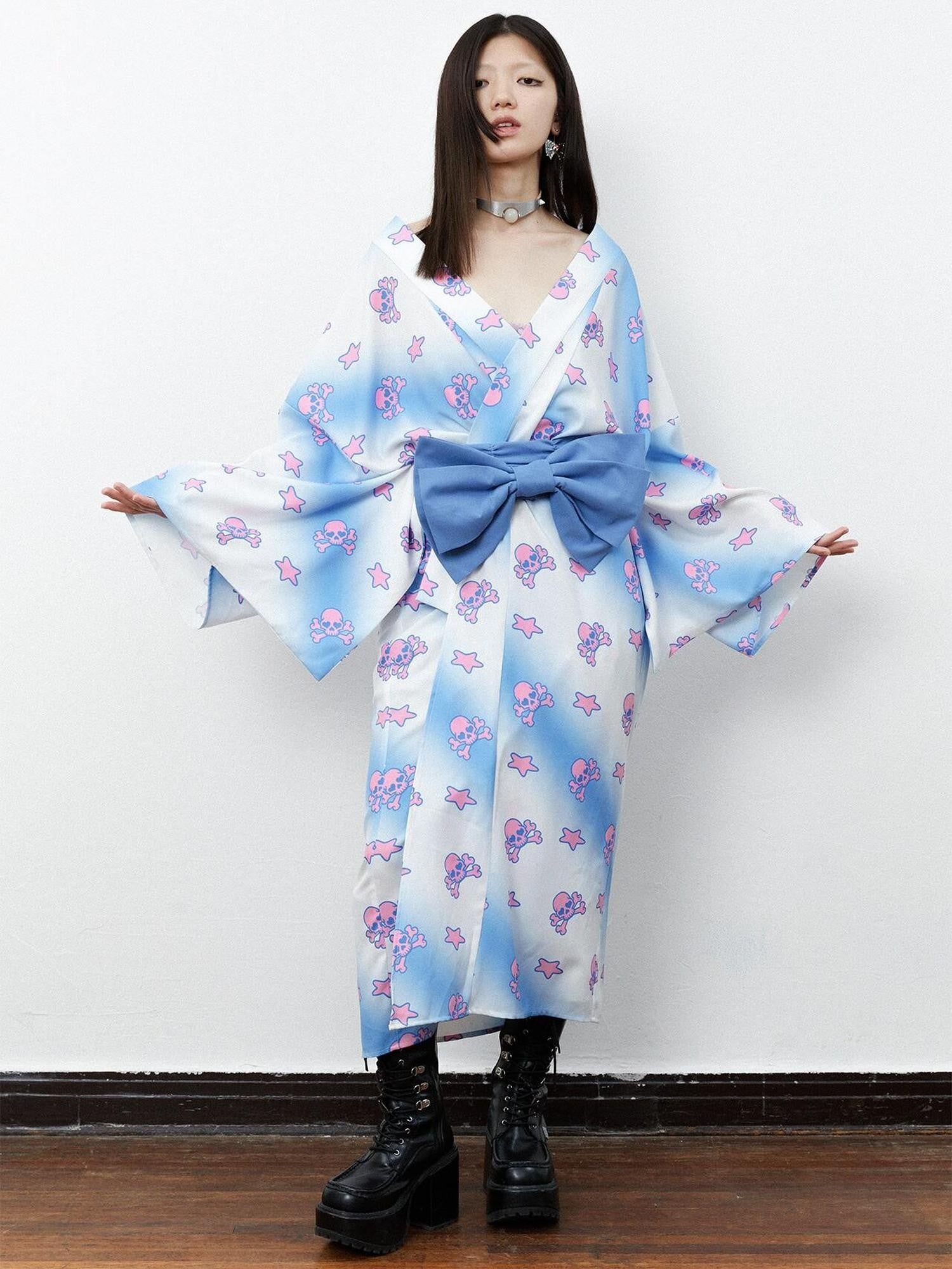 QUORRA S CHORD Pink Blue Skull Star Print Kimono Bow Belt Women&