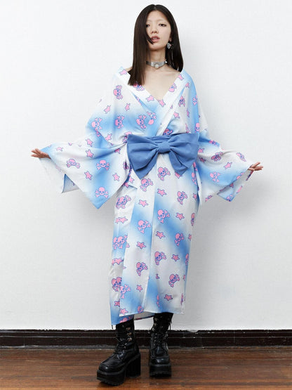 QUORRA S CHORD Pink Blue Skull Star Print Kimono Bow Belt Women&
