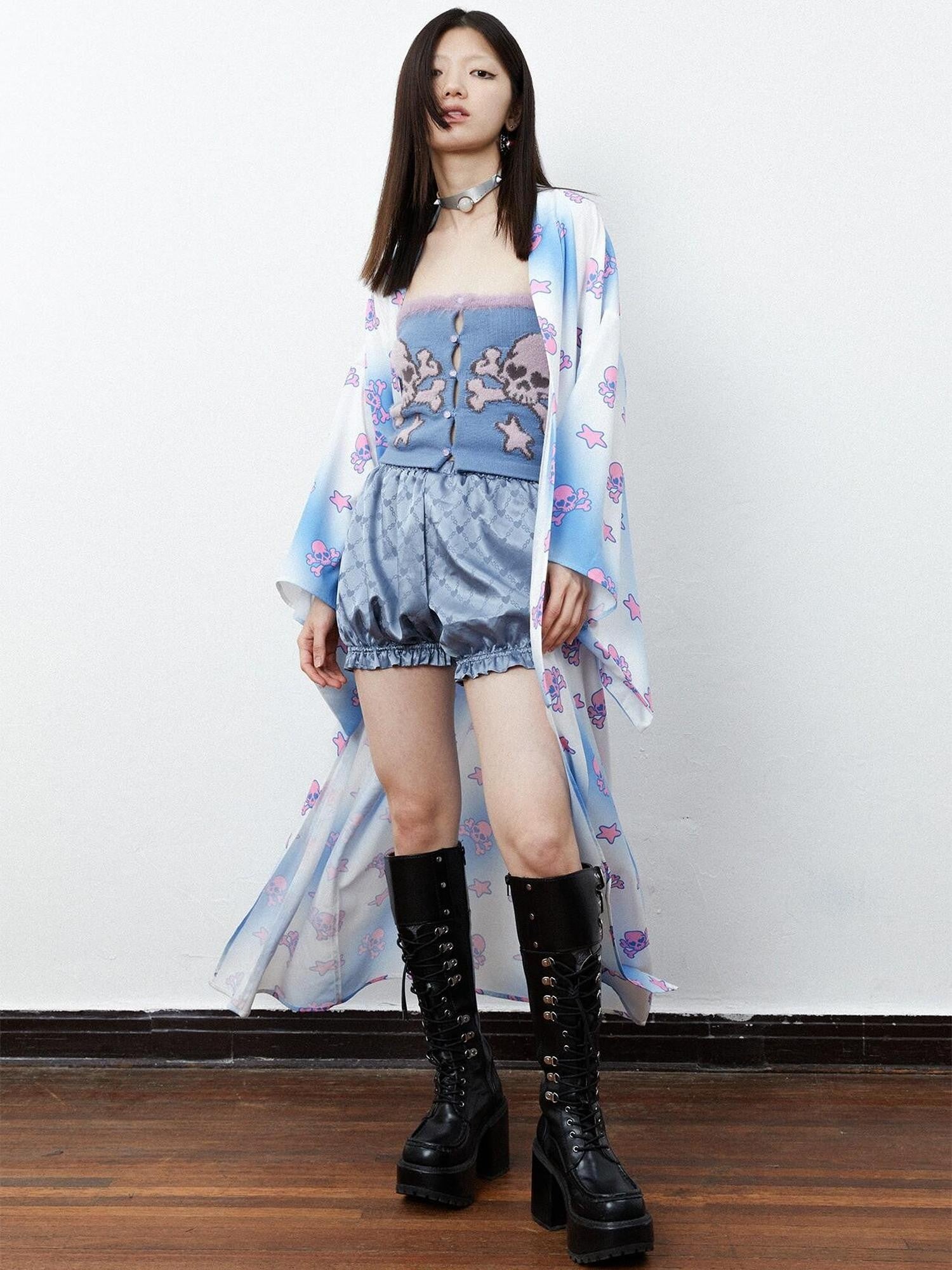 QUORRA S CHORD Pink Blue Skull Star Print Kimono Bow Belt Women&