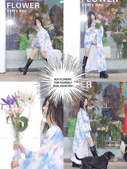 QUORRA S CHORD Pink Blue Skull Star Print Kimono Bow Belt Women&