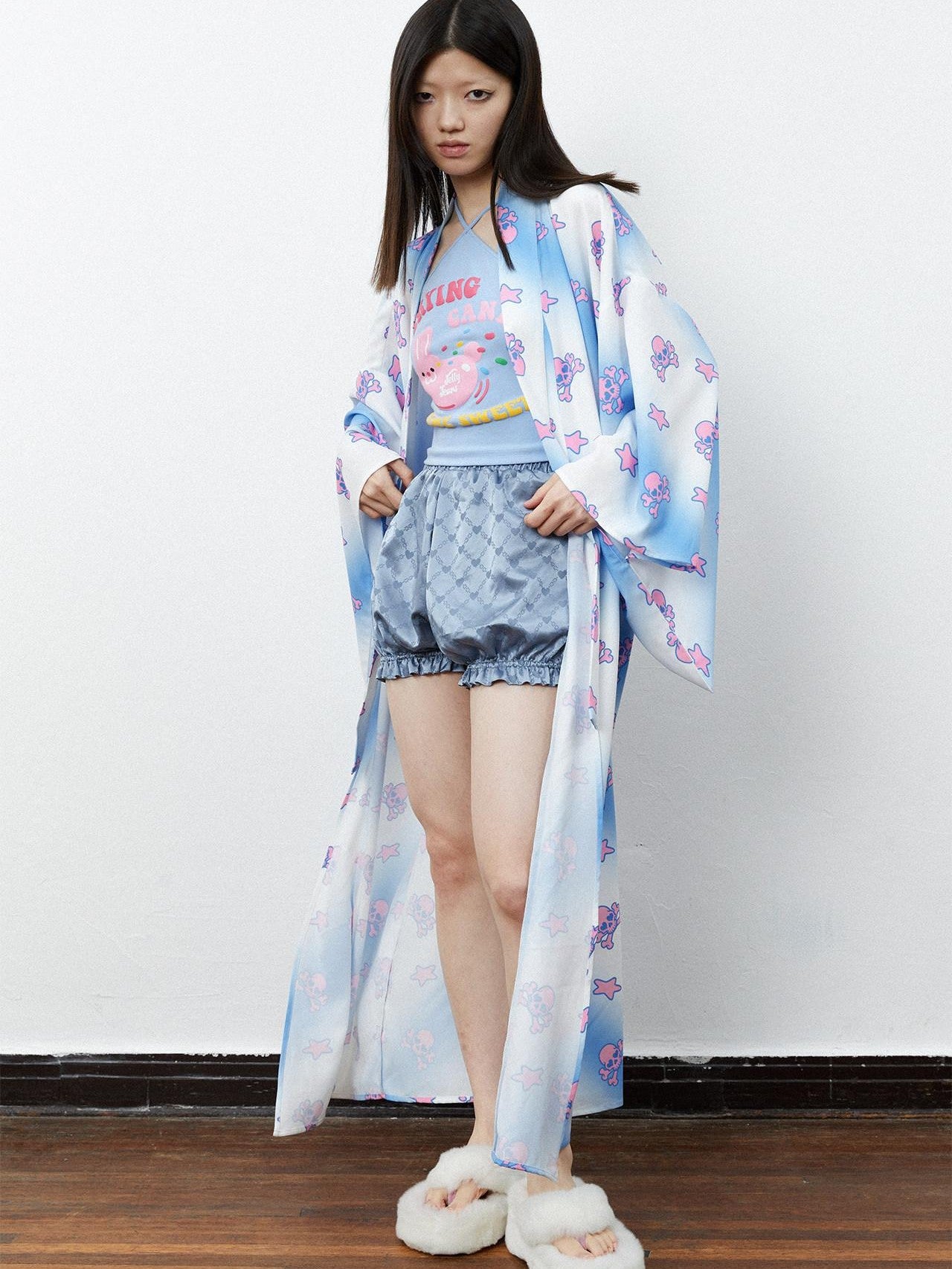 QUORRA S CHORD Pink Blue Skull Star Print Kimono Bow Belt Women&