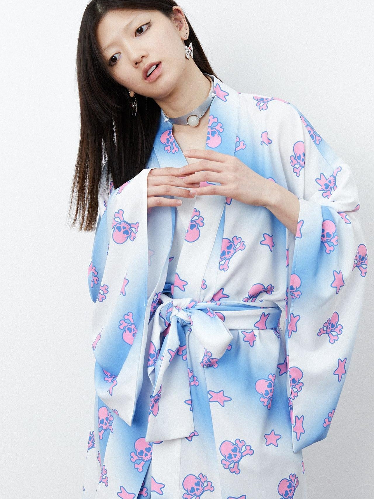 QUORRA S CHORD Pink Blue Skull Star Print Kimono Bow Belt Women&