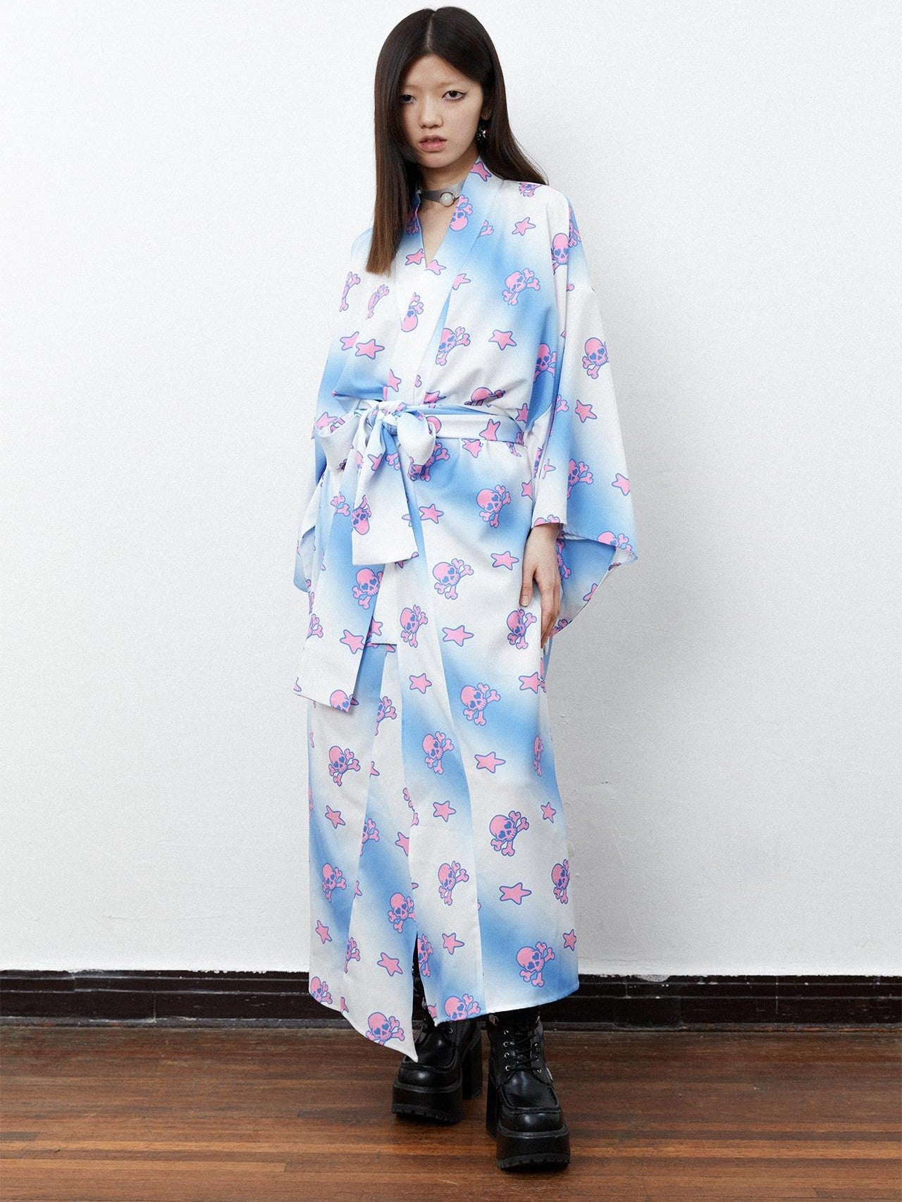 QUORRA S CHORD Pink Blue Skull Star Print Kimono Bow Belt Women&