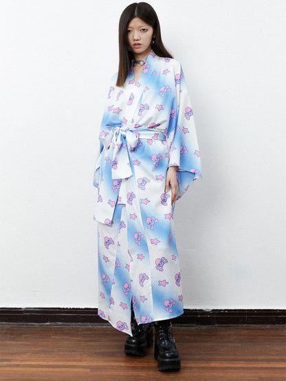 QUORRA S CHORD Pink Blue Skull Star Print Kimono Bow Belt Women&
