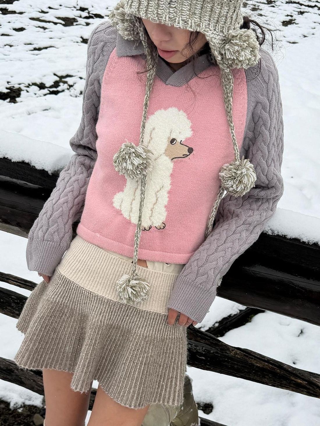 QUORRA S CHORD Pink Ceramic Art Poodle Motif Raglan High Waist Women&