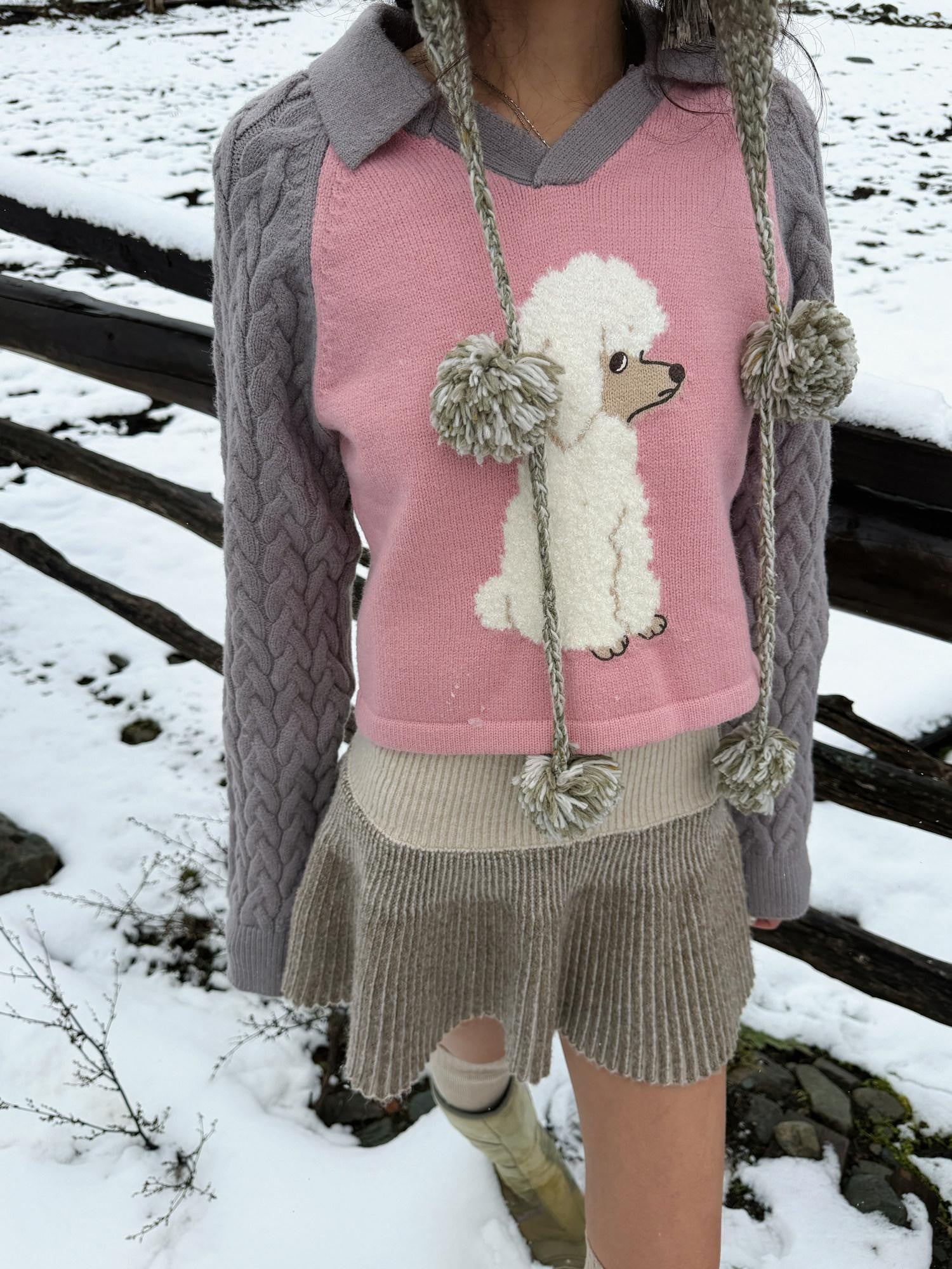 QUORRA S CHORD Pink Ceramic Art Poodle Motif Raglan High Waist Women&