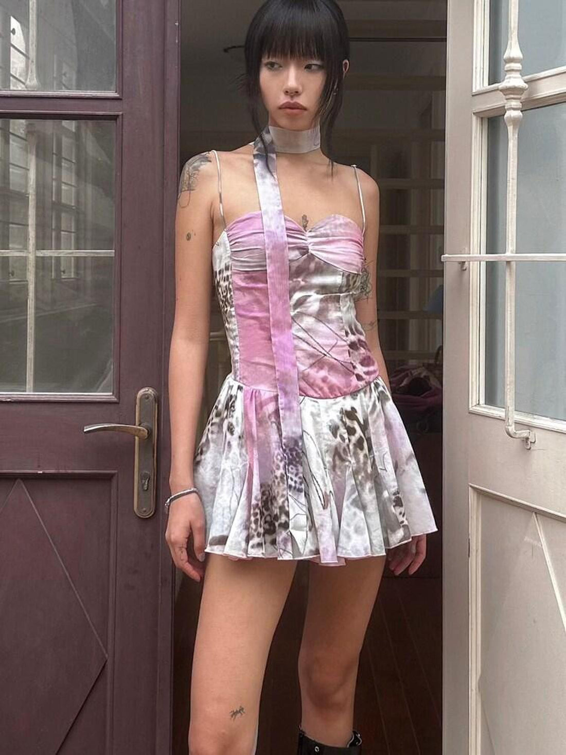 QUORRA S CHORD Pink Graffiti Leopard Print Ruched Bustier Women&