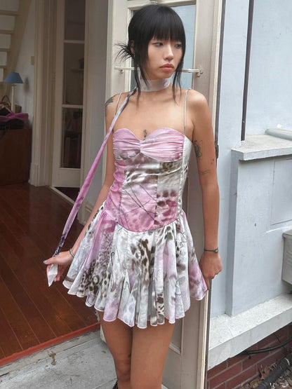 QUORRA S CHORD Pink Graffiti Leopard Print Ruched Bustier Women&