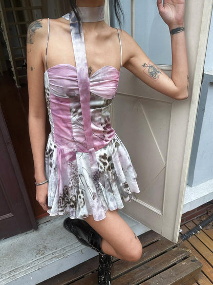 QUORRA S CHORD Pink Graffiti Leopard Print Ruched Bustier Women&
