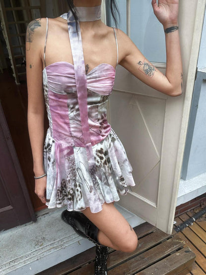 QUORRA S CHORD Pink Graffiti Leopard Print Ruched Bustier Women&