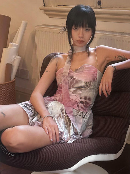 QUORRA S CHORD Pink Graffiti Leopard Print Ruched Bustier Women&