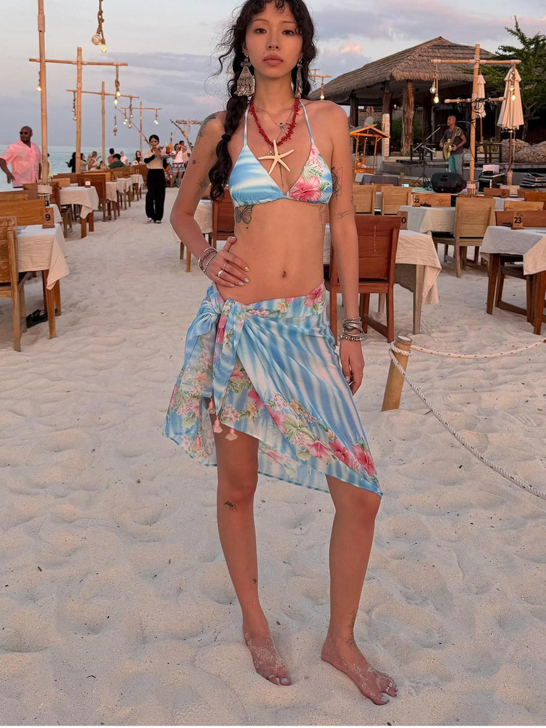 QUORRA S CHORD Pink Hibiscus Floral Wave Pattern Tassel Versatile Women&