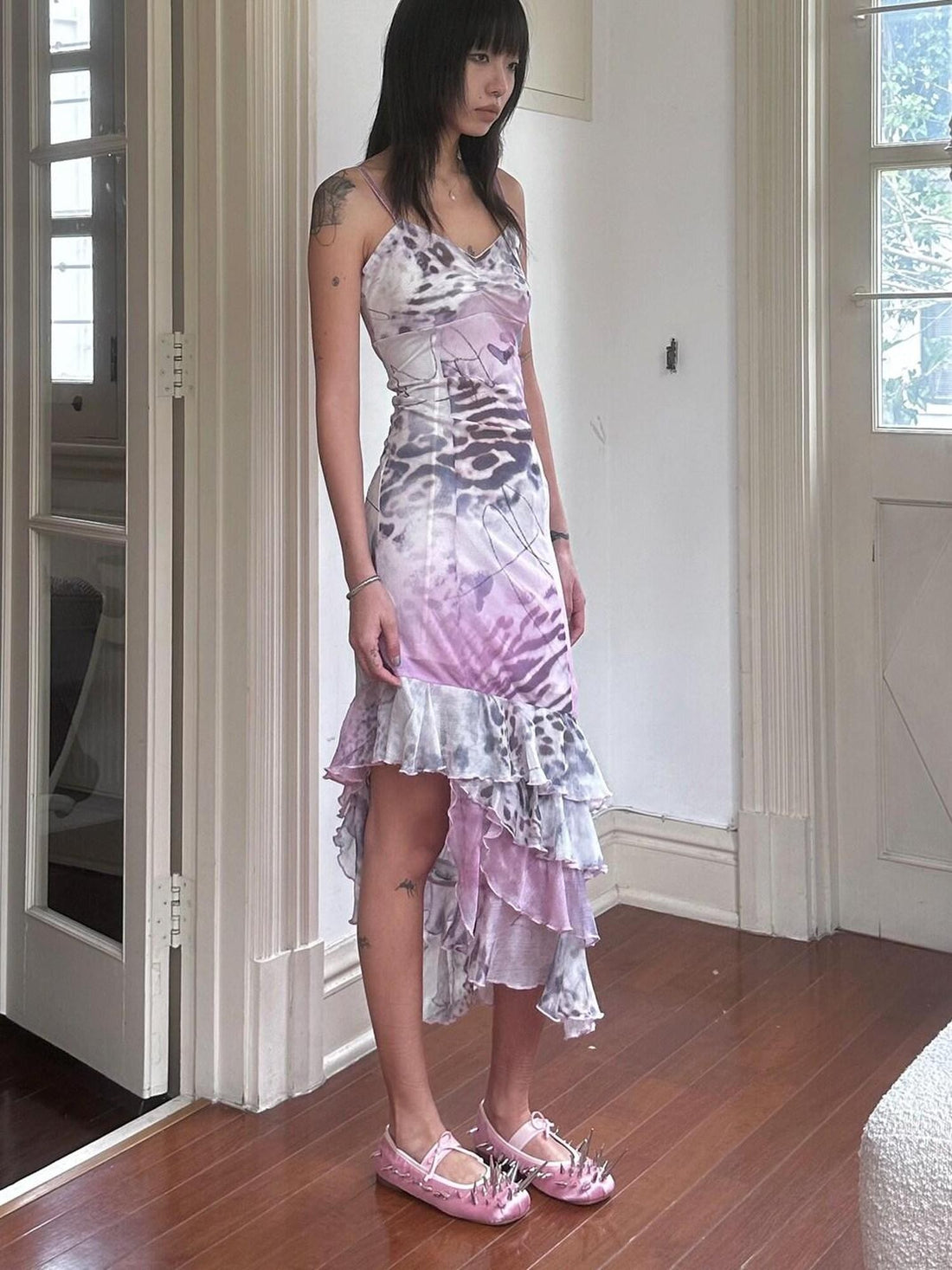 QUORRA S CHORD Pink Leopard Mesh Spliced Ruffle Asymmetrical Women&