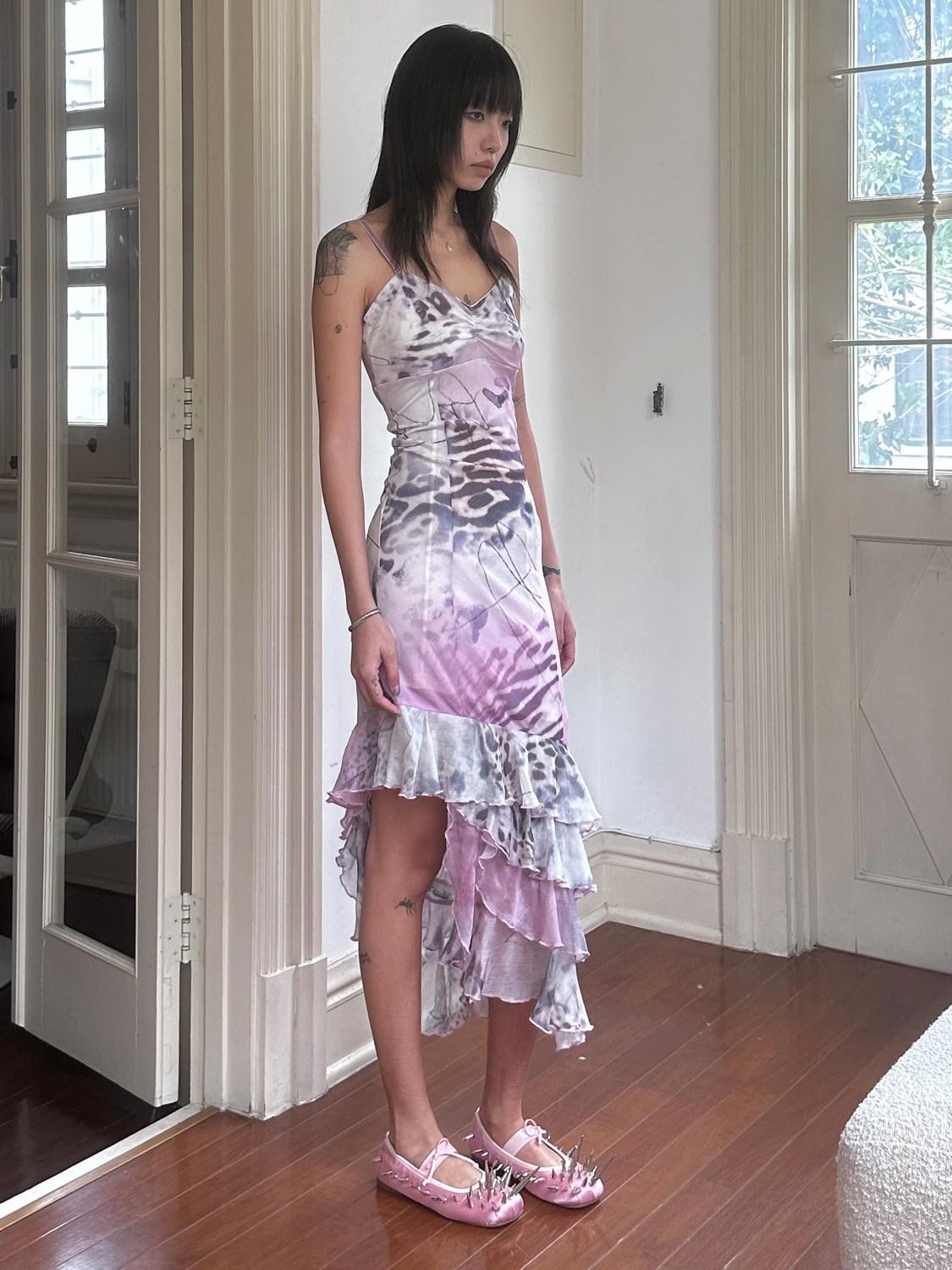 QUORRA S CHORD Pink Leopard Mesh Spliced Ruffle Asymmetrical Women&