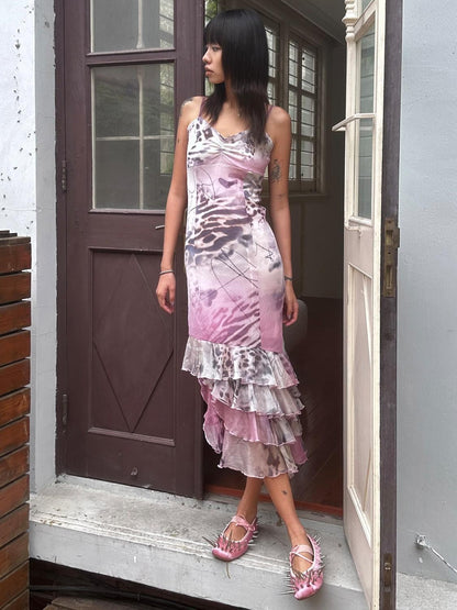 QUORRA S CHORD Pink Leopard Mesh Spliced Ruffle Asymmetrical Women&