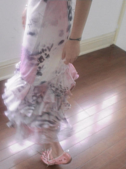 QUORRA S CHORD Pink Leopard Mesh Spliced Ruffle Asymmetrical Women&