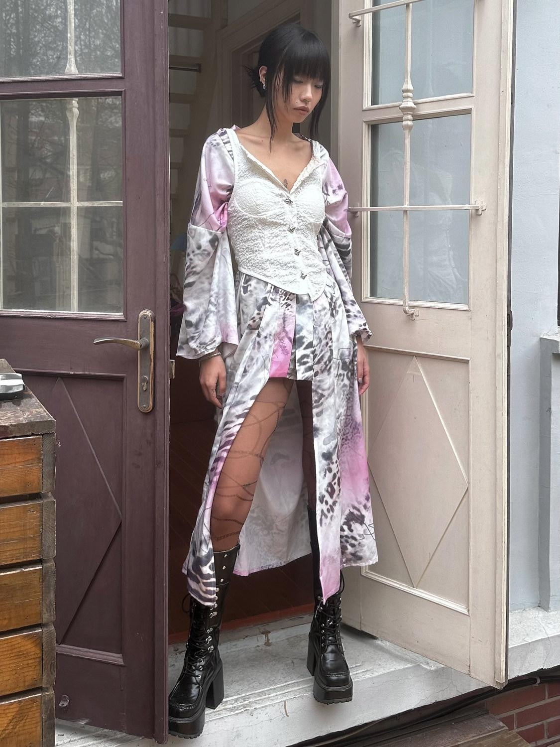 QUORRA S CHORD Pink Leopard Print Kimono Shawl Collar Loose Three Piece Women&